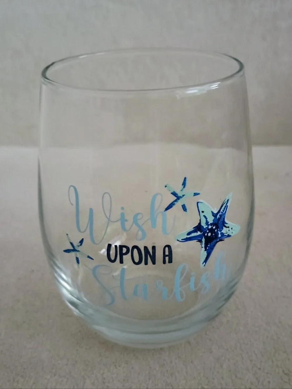 Wish Upon A Starfish Set of 4 Clear Glass Tumbler Glasses Blue Design